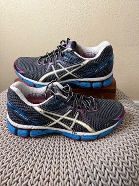 ASICS Women's Black Gray Running Shoes with Blue & Pink Accents
